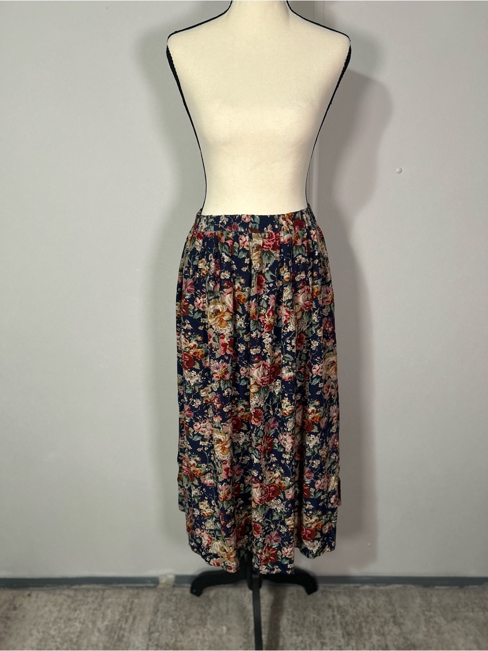Vintage Susan Bristol Navy Floral Maxi Skirt with Multicolor Blooms